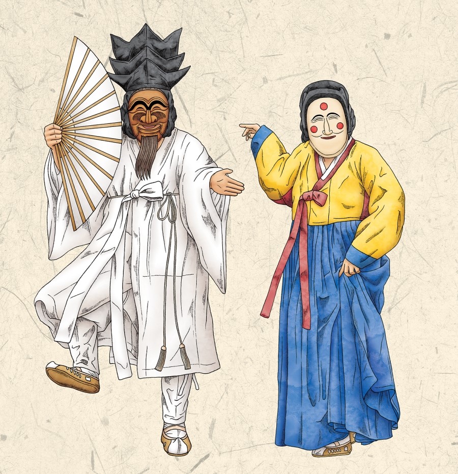 안동 하회식당 일러스트 작업 인테리어 한국 전통 민화 하회탈춤 하회별신굿탈놀이 일러스트 그림 Korea Tradition Illust Drawing