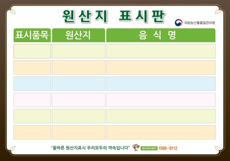 국립농산물품질관리원 음식점용 원산지표시판 양식입니다. : 네이버 블로그