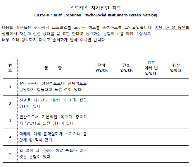 스트레스 자가진단 척도(BEPSIK Brief Encounter PsychoSocial InstrumentKorean
