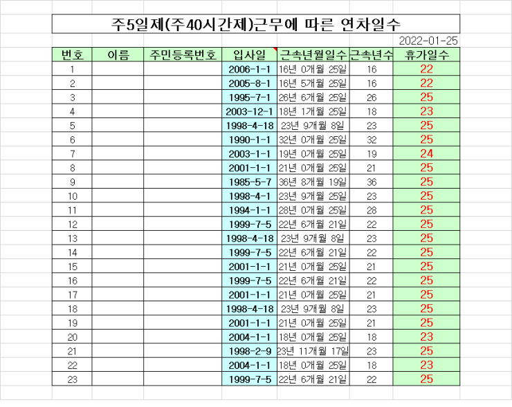 [문서/서식] 연차자동계산 엑셀파일 공유합니다 : 네이버 블로그