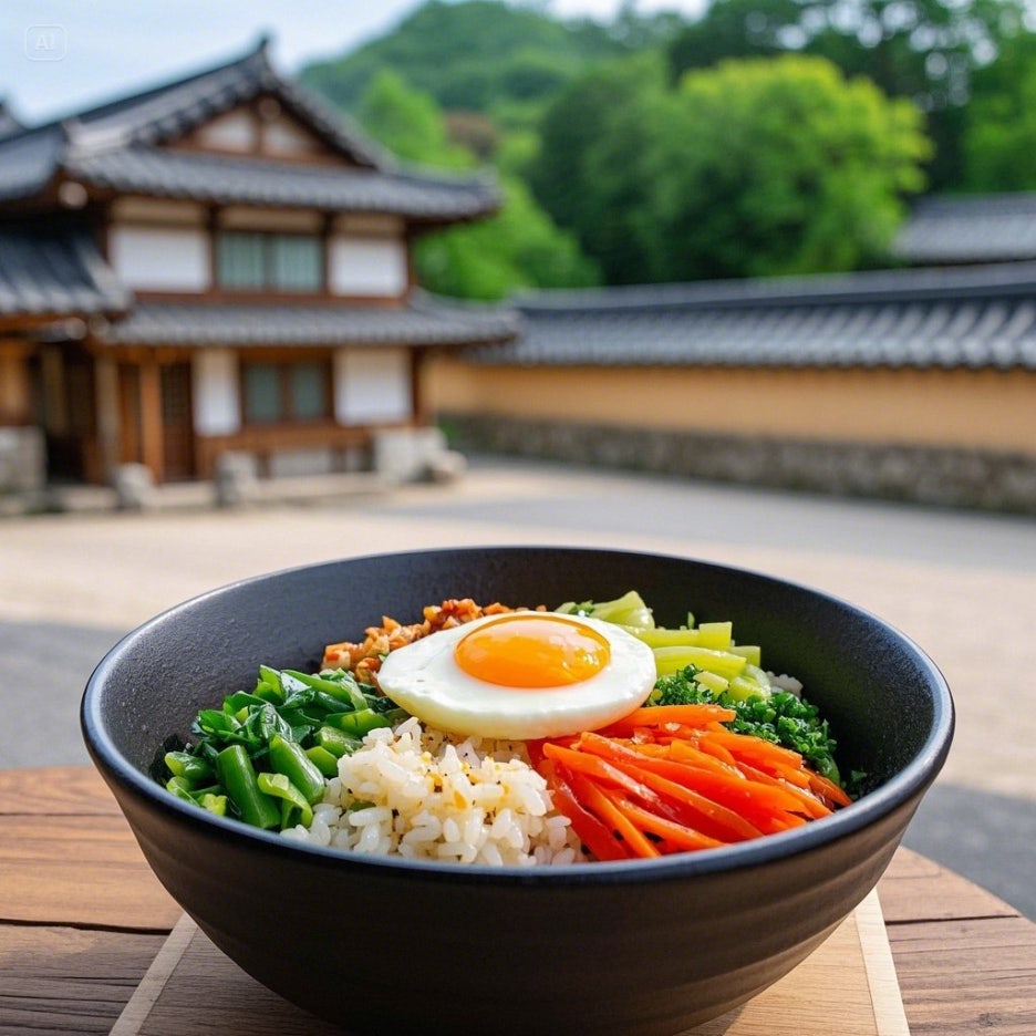 전주한옥마을을_배경으로_화려하고_정갈하게_담긴_전통_전주비빔밥이_전통_그릇_위에_담긴_사진.jpeg