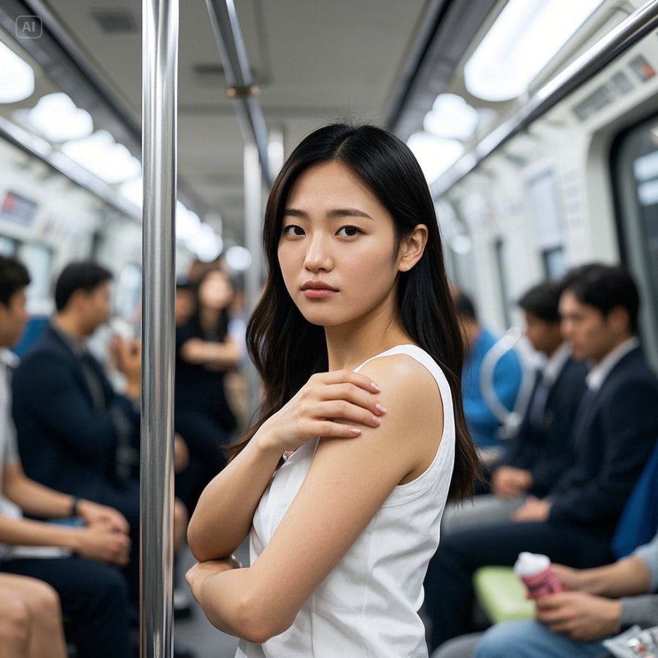 지하철에서_손잡이를_잡고_살짝_당황한_표정의_한국_여성,_겨드랑이_땀자국과_주변_시선_묘사겨드랑이에_데오드란트를_바르고_있는_한국_여성.jpeg