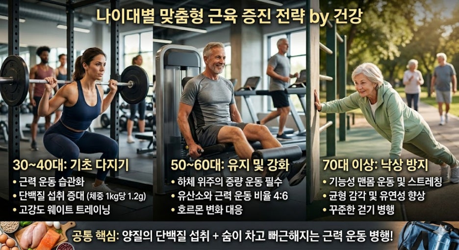 나이대별 맞춤형 근육 증진 전략과 운동 방법을 설명하는 이미지