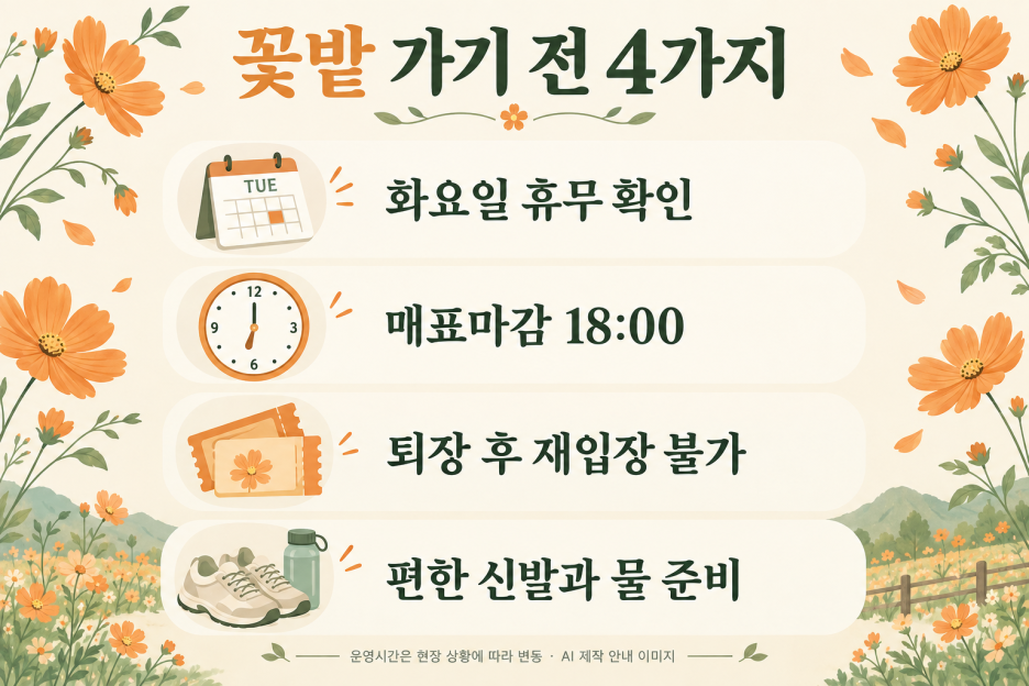 고석정 꽃밭 화요일 휴무 매표18시 재입장불가 편한신발 준비 체크리스트