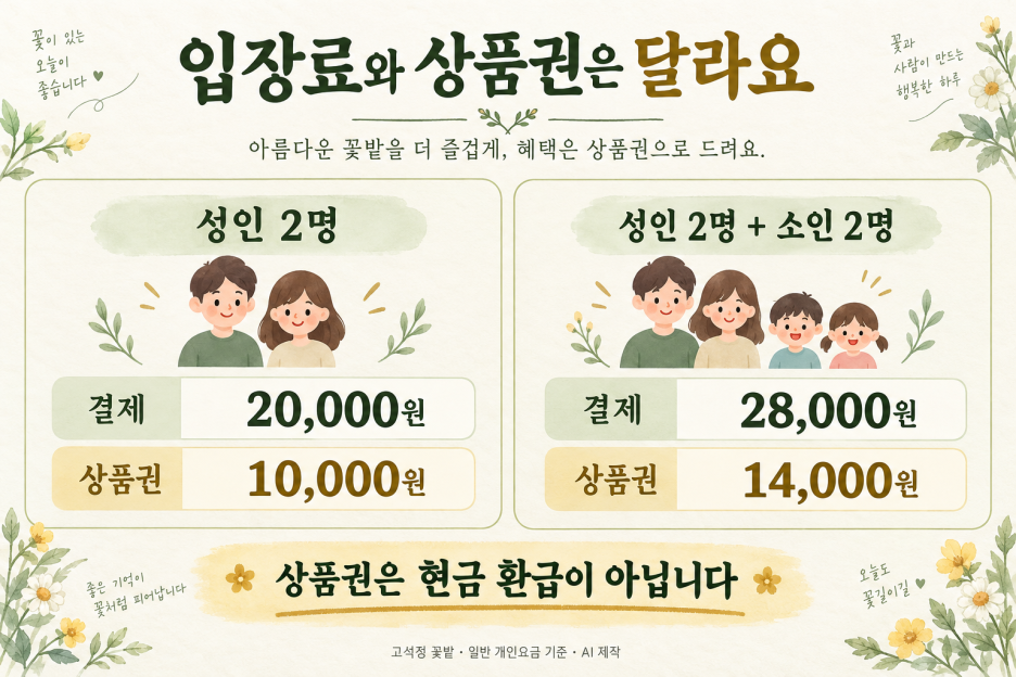성인 2명은 입장료 2만원과 상품권 1만원, 성인2명 소인2명은 2만8천원과 상품권1만4천원