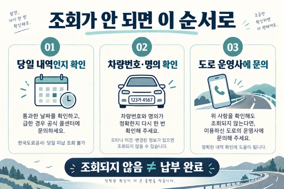 당일 조회 여부·차량번호·운영사를 확인하는 순서 — AI 제작 설명용 이미지