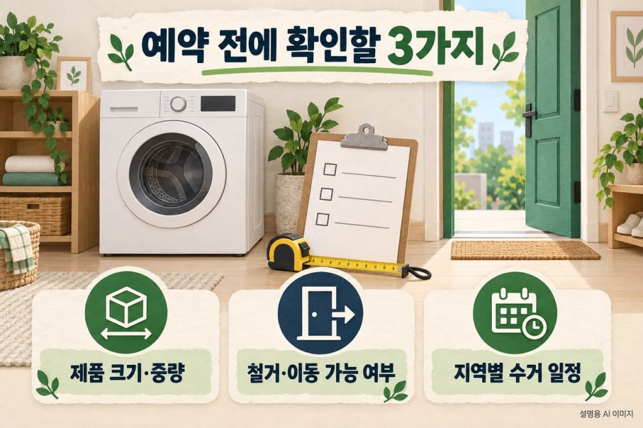 제품 규격·철거 상태·수거 일정 체크리스트 — AI 제작 설명용 이미지