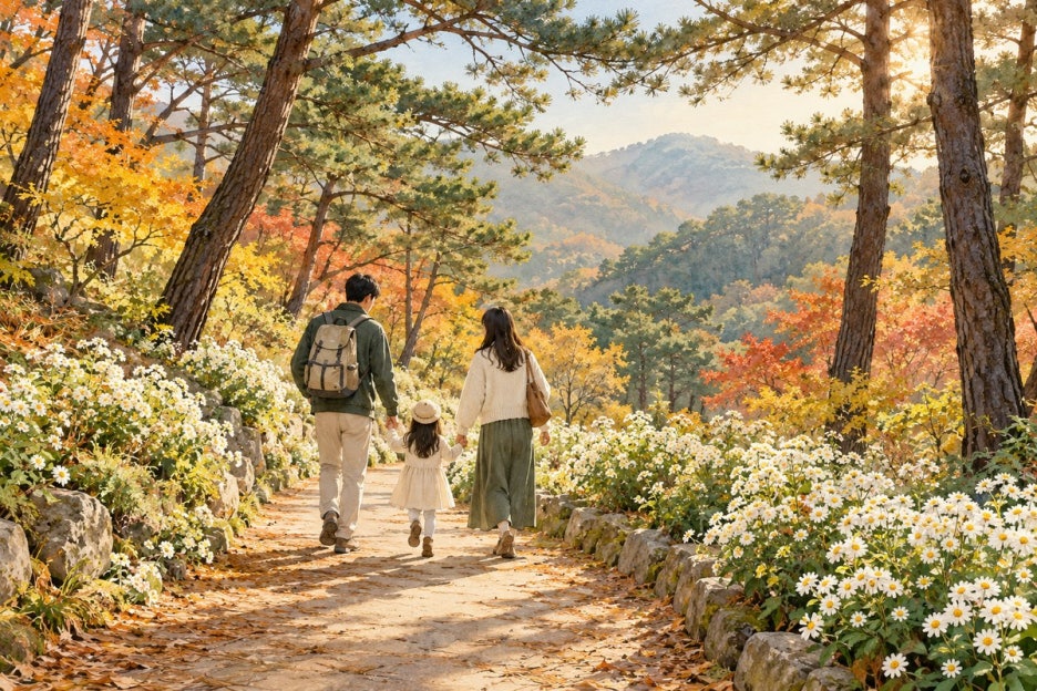 가족 가을 산책 준비를 표현한 AI 일러스트