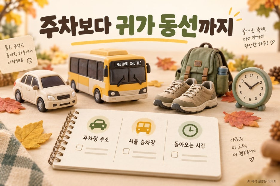 주차와 귀가 동선을 함께 확인하세요 — AI 제작 이미지, 실제 노선도 아님
