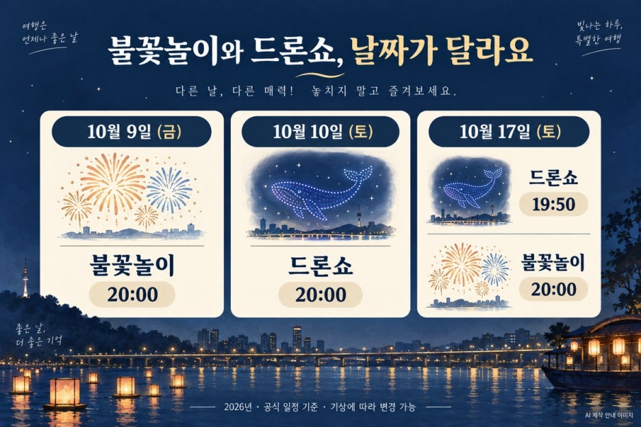 2026년 10월 9일 불꽃놀이, 10일 드론쇼, 17일 두 이벤트의 시간 비교
