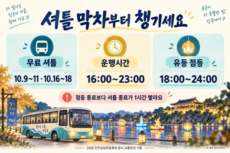 무료 셔틀은 16시부터 23시까지, 유등 점등은 18시부터 24시까지라는 귀가 안내