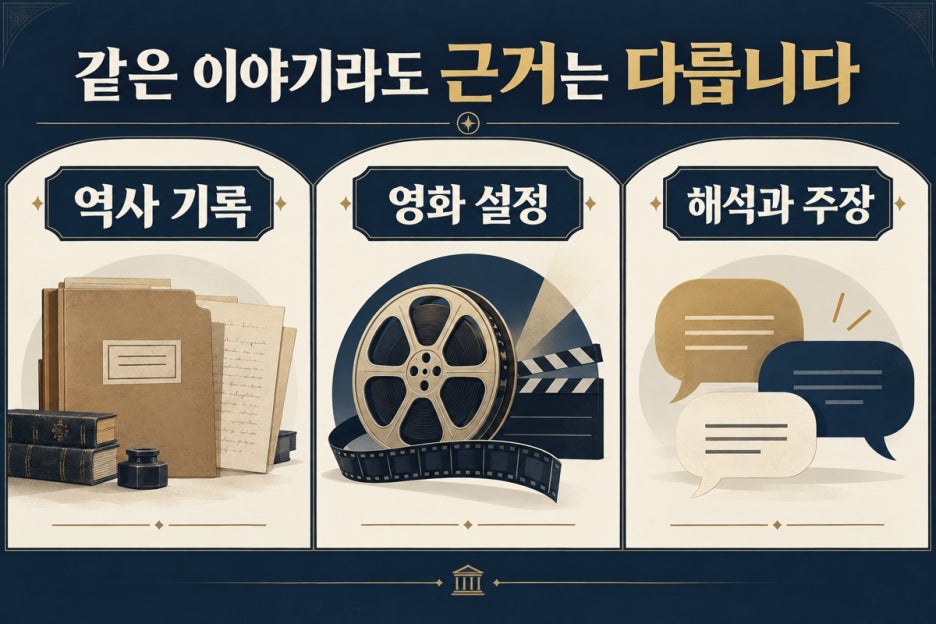 역사 기록·영화 설정·주장 구분