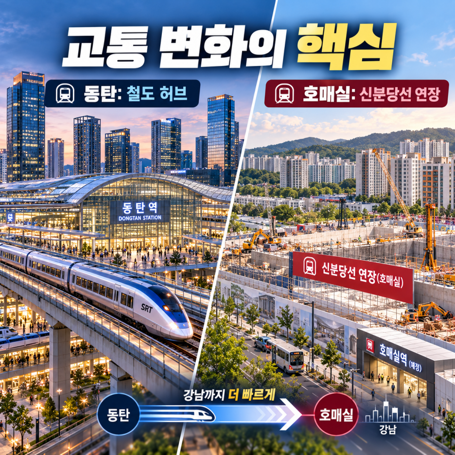 GTX-A SRT 동탄역과 신분당선 호매실역 연장 사업 교통 비교